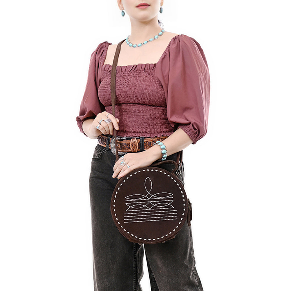 ADBG1549 Genuine suede Round Canteen Bag - Embroidered Western Boho Circle Purse