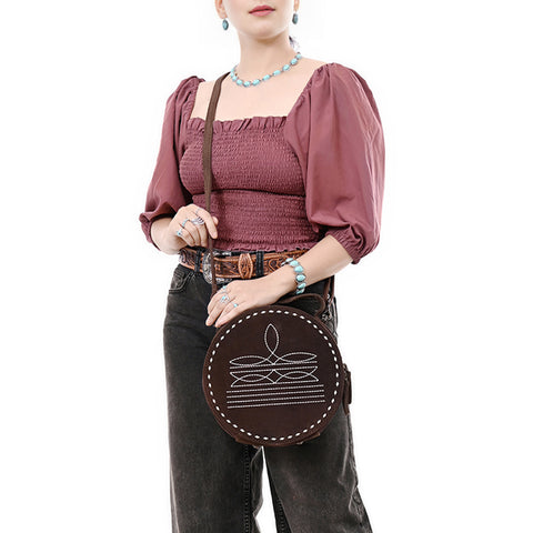 American Darling Western Genuine Suede Leather Canteen Bag with Stitch Detailing | Handcrafted Round Purse