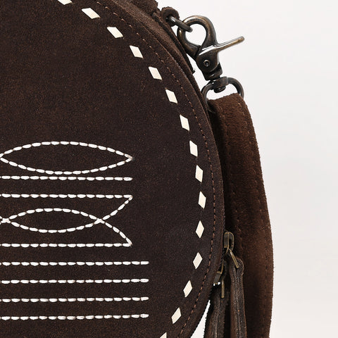 American Darling Western Genuine Suede Leather Canteen Bag with Stitch Detailing | Handcrafted Round Purse