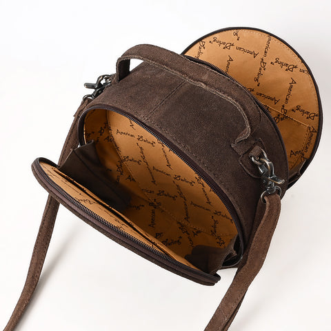 American Darling Western Genuine Suede Leather Canteen Bag with Stitch Detailing | Handcrafted Round Purse