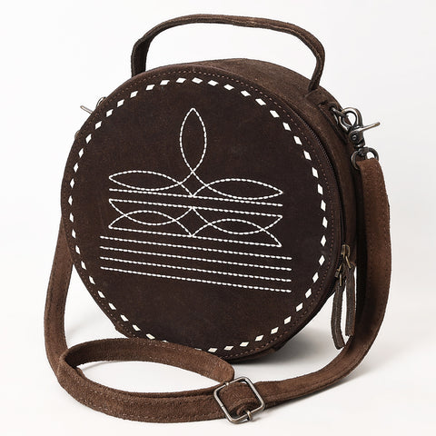 American Darling Western Genuine Suede Leather Canteen Bag with Stitch Detailing | Handcrafted Round Purse
