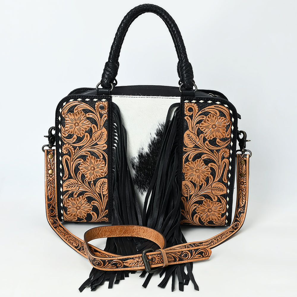 ADBG1551 Black & White Hair-On Hide Tooled Leather Fringe Handbag