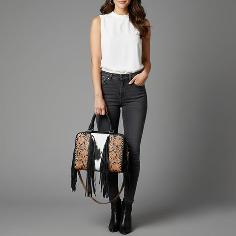 American Darling Western Leather Tote Bag with Hair-On Cowhide & Hand-Tooled Floral Panels