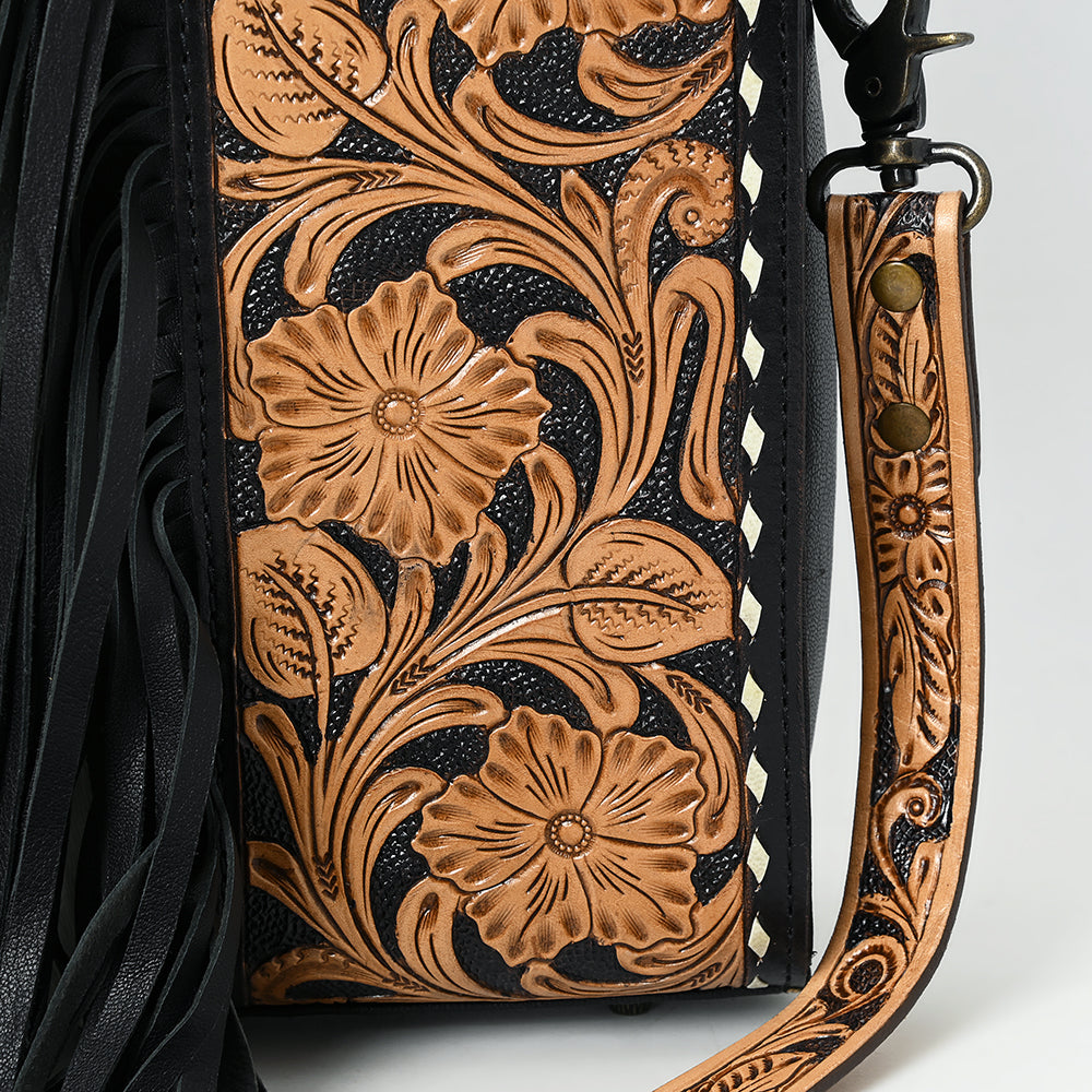 ADBG1551 Black & White Hair-On Hide Tooled Leather Fringe Handbag