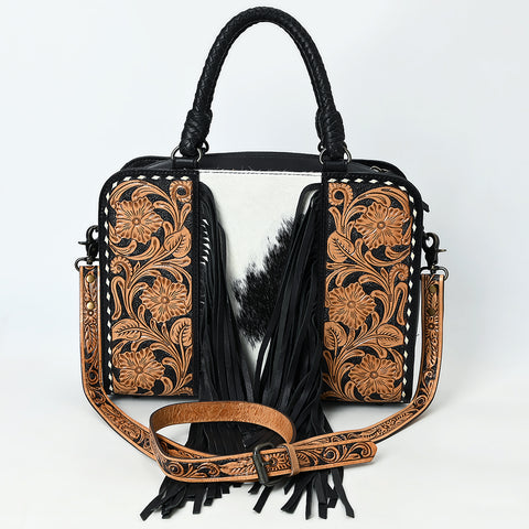 American Darling Western Leather Tote Bag with Hair-On Cowhide & Hand-Tooled Floral Panels