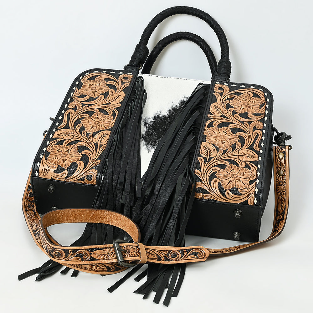 ADBG1551 Black & White Hair-On Hide Tooled Leather Fringe Handbag