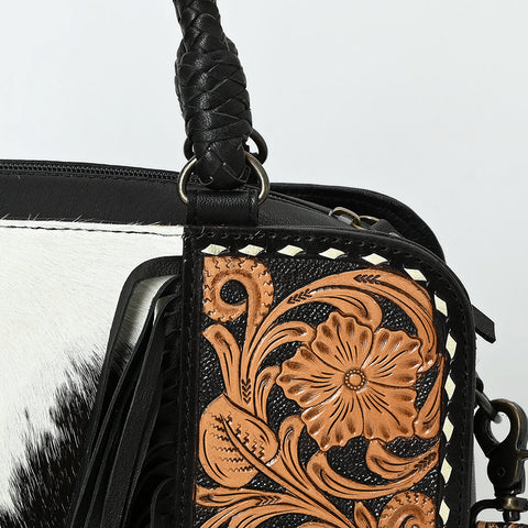 American Darling Western Leather Tote Bag with Hair-On Cowhide & Hand-Tooled Floral Panels