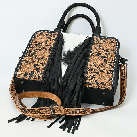 American Darling Western Leather Tote Bag with Hair-On Cowhide & Hand-Tooled Floral Panels