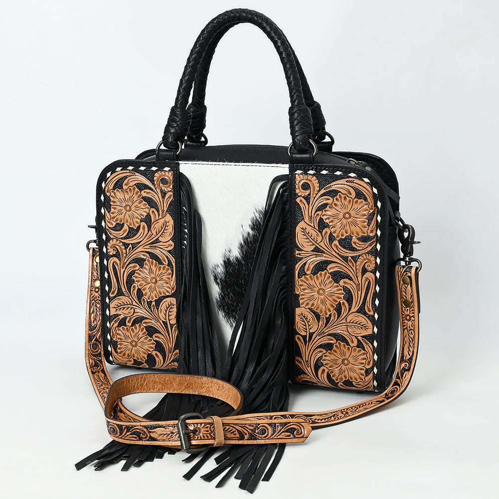 ADBG1551 Black & White Hair-On Hide Tooled Leather Fringe Handbag
