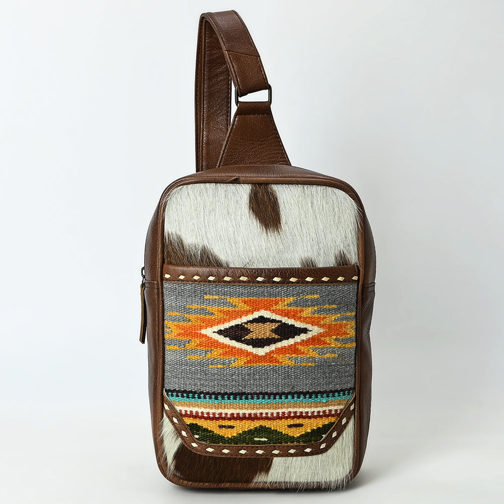 ADBG1554 Southwestern Cowhide & Leather Sling Bag with Woven Aztec Panel