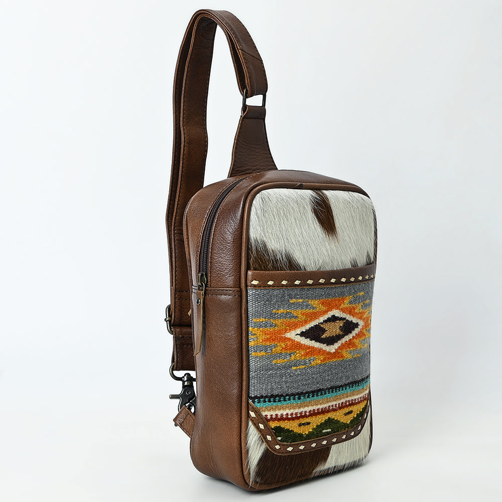 ADBG1554 Southwestern Cowhide & Leather Sling Bag with Woven Aztec Panel