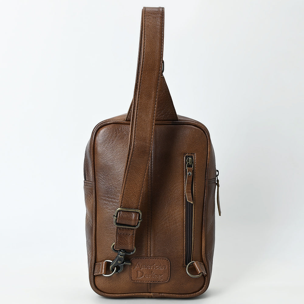 ADBG1554 Southwestern Cowhide & Leather Sling Bag with Woven Aztec Panel