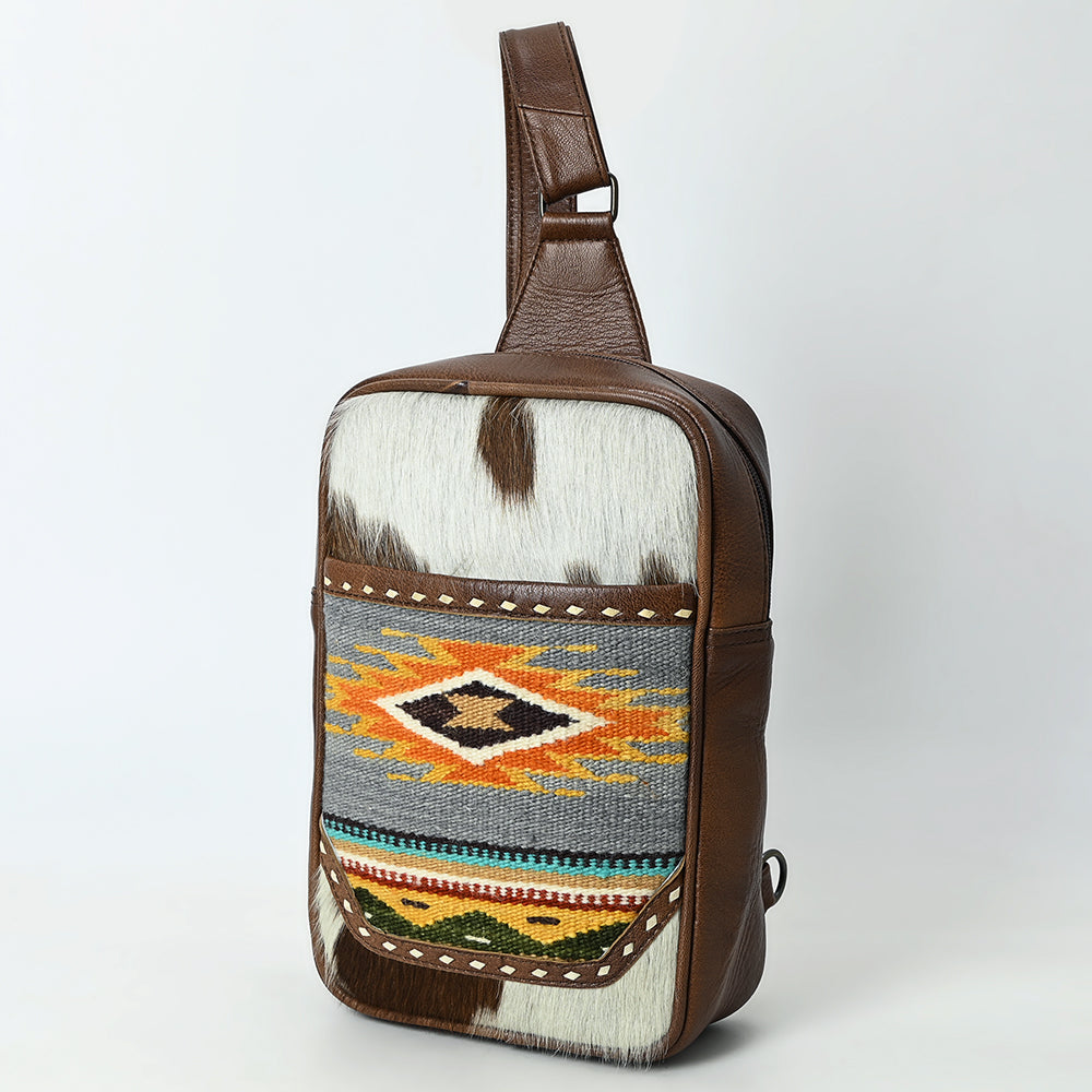 ADBG1554 Southwestern Cowhide & Leather Sling Bag with Woven Aztec Panel