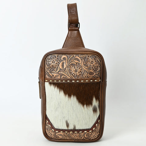 American Darling Western Leather Sling Bag with Hair-On Cowhide & Hand-Tooled Floral Accents