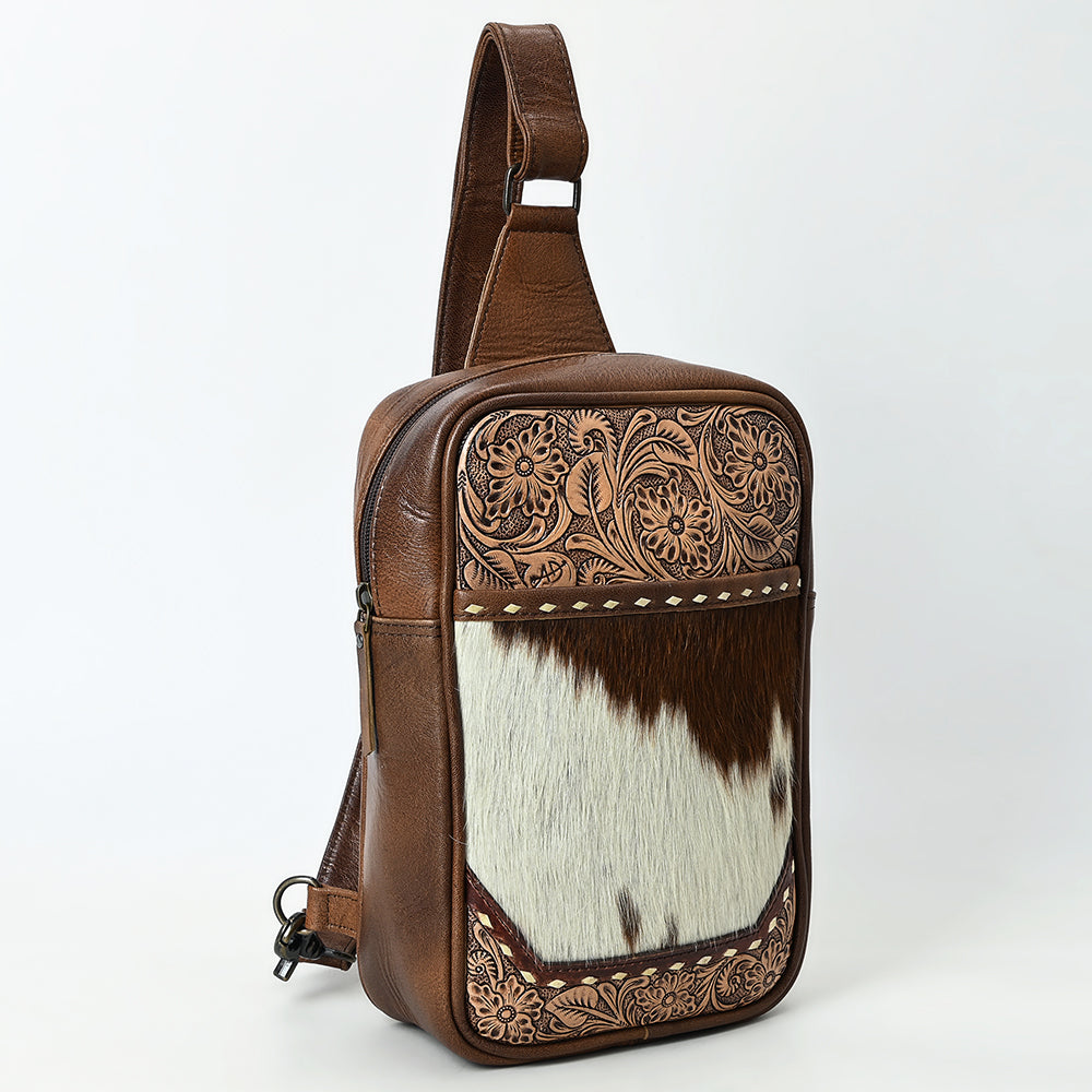 ADBG1555 Hand Tooled  Leather & Cowhide Sling Bag - Western Floral Design