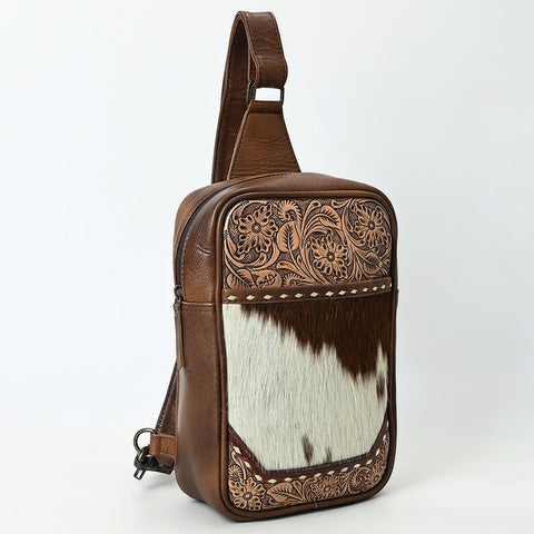 American Darling Western Leather Sling Bag with Hair-On Cowhide & Hand-Tooled Floral Accents