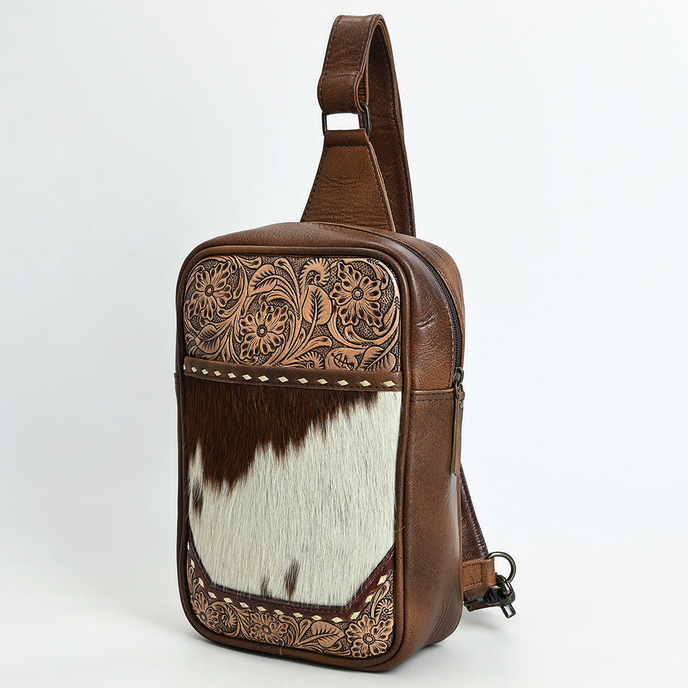ADBG1555 Hand Tooled  Leather & Cowhide Sling Bag - Western Floral Design