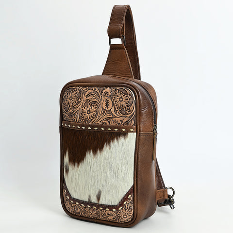 American Darling Western Leather Sling Bag with Hair-On Cowhide & Hand-Tooled Floral Accents