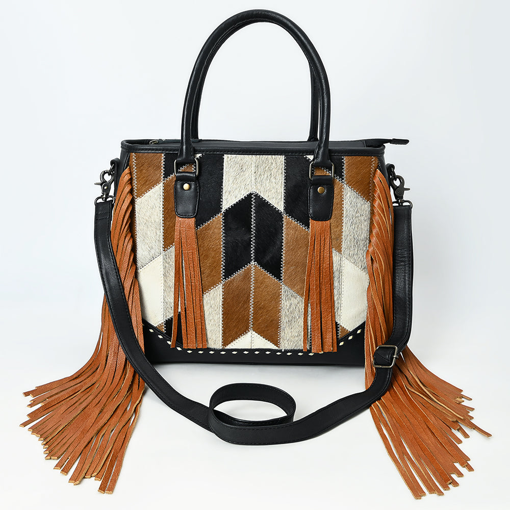 ADBG1556 Fringe Cowhide & Leather Tote Bag with Chevron Pattern