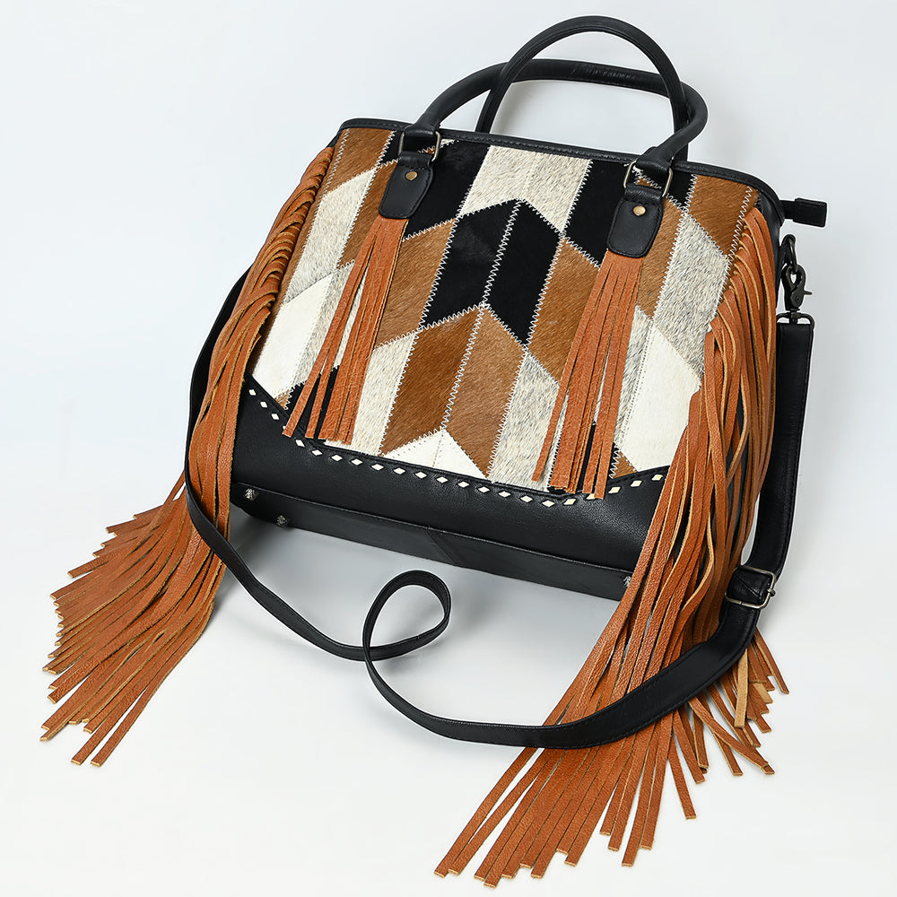 ADBG1556 Fringe Cowhide & Leather Tote Bag with Chevron Pattern