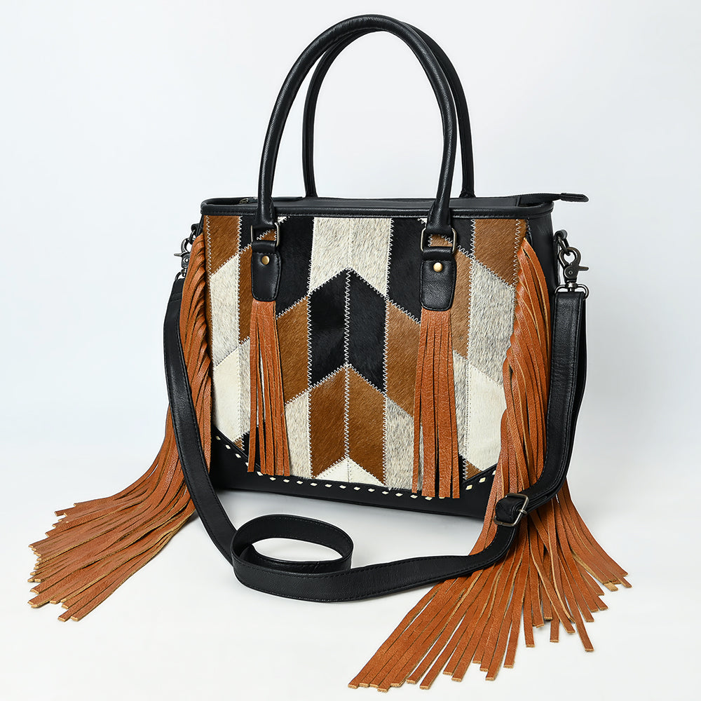 ADBG1556 Fringe Cowhide & Leather Tote Bag with Chevron Pattern