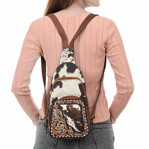 American Darling Buck Stitched Floral Carved Hair-On Leather Sling Bag