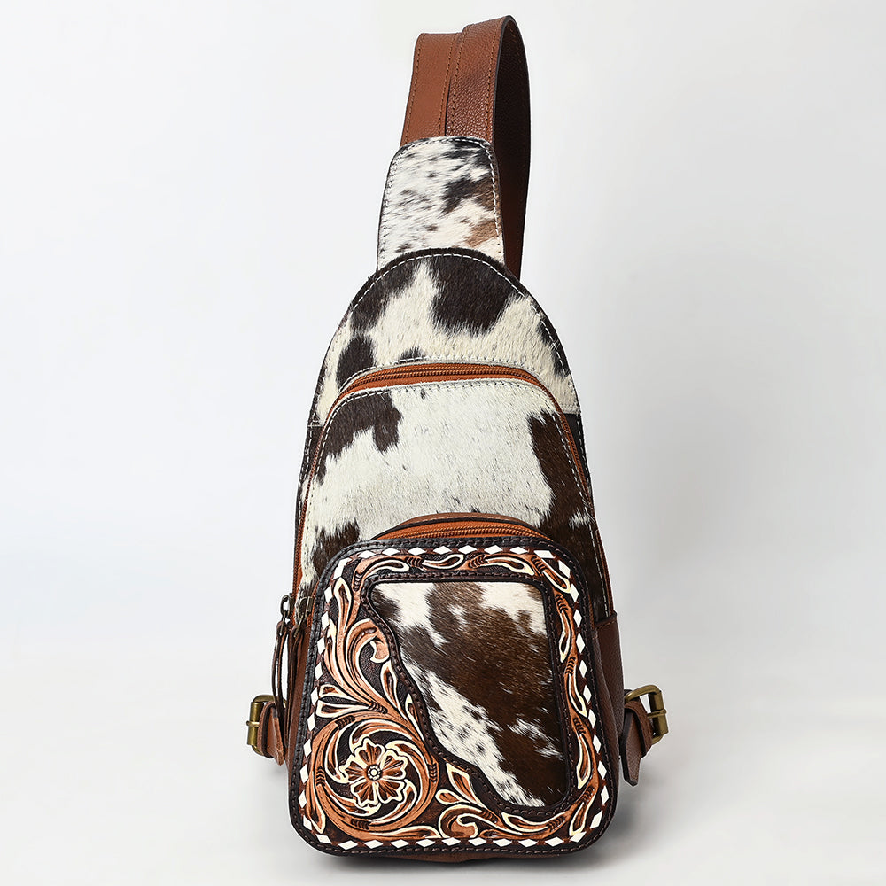 ADBGA609 Hair-On Hide Leather Sling Bag-Tooled Front Pocket & Cowhide Accent