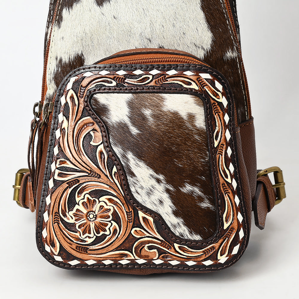 ADBGA609 Hair-On Hide Leather Sling Bag-Tooled Front Pocket & Cowhide Accent