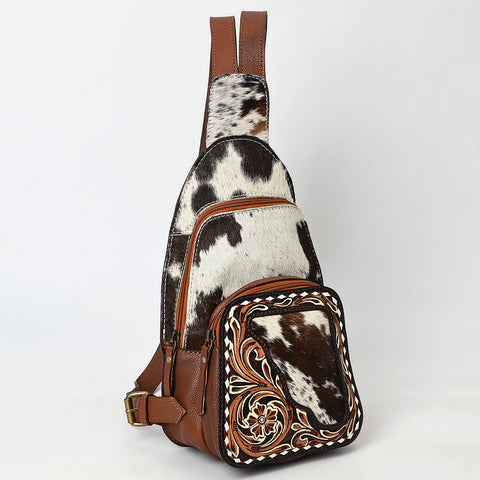 American Darling Buck Stitched Floral Carved Hair-On Leather Sling Bag