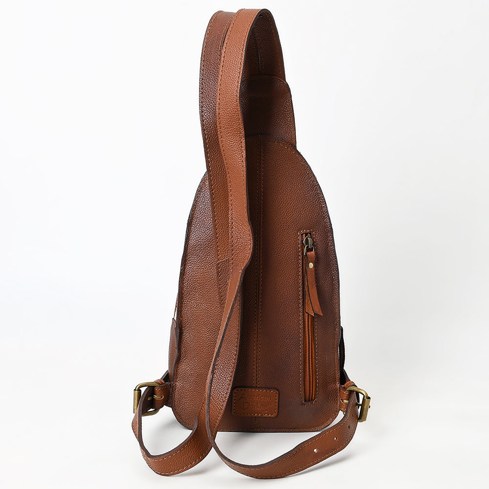 ADBGA609 Hair-On Hide Leather Sling Bag-Tooled Front Pocket & Cowhide Accent