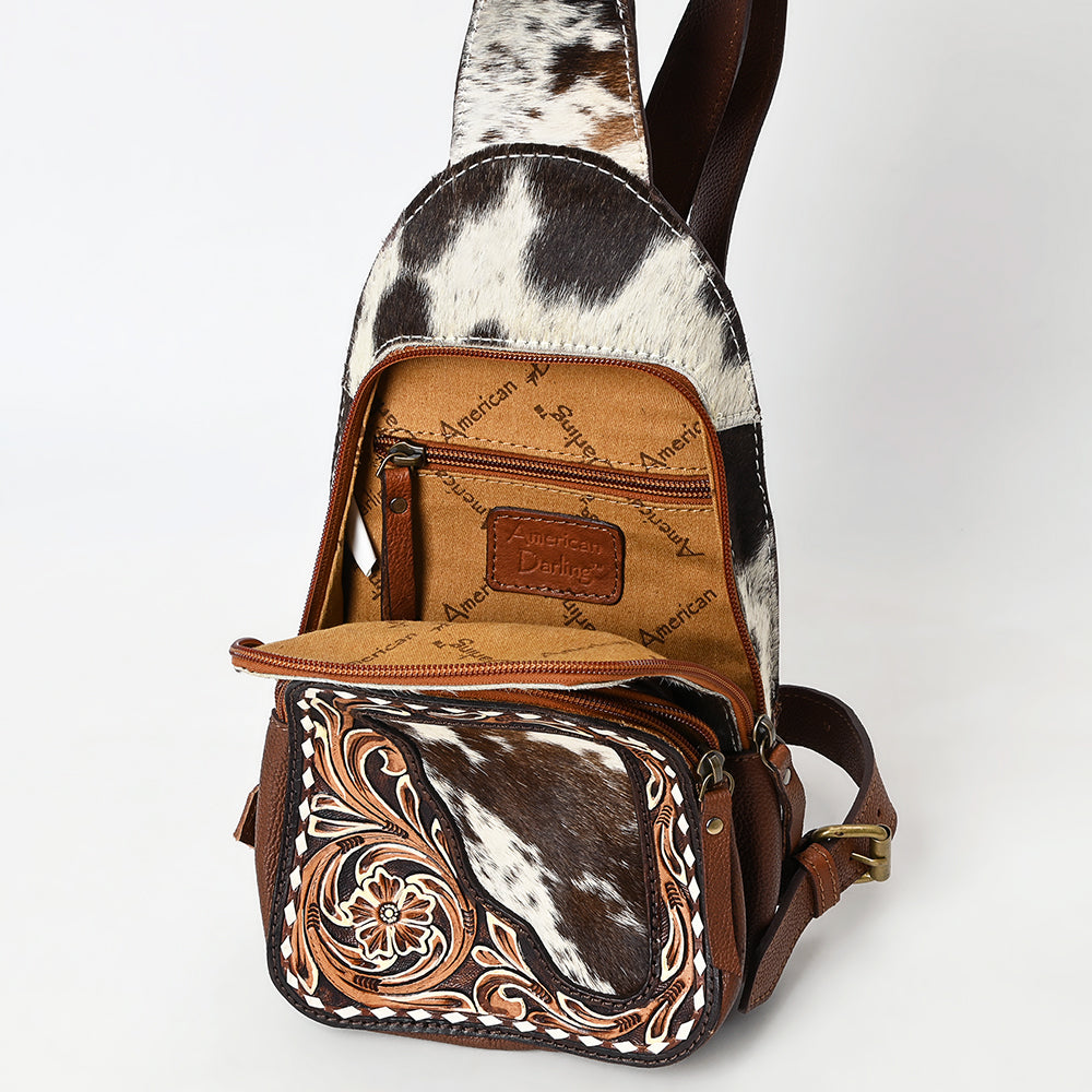 ADBGA609 Hair-On Hide Leather Sling Bag-Tooled Front Pocket & Cowhide Accent