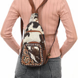 ADBGA609 Hair-On Hide Leather Sling Bag-Tooled Front Pocket & Cowhide Accent