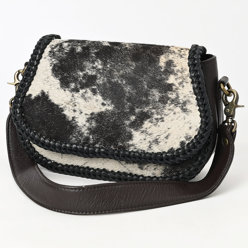 ADBGM464 Hair-On Cowhide Crossbody Bag - Black & White Western Saddle Style with Braided Trim