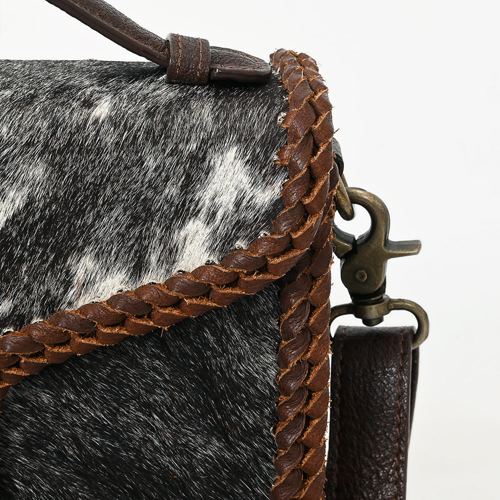 ADBGM465 Hair-On Cowhide Leather Crossbody - Western V-Flap Bag with Braided Trim & Handle