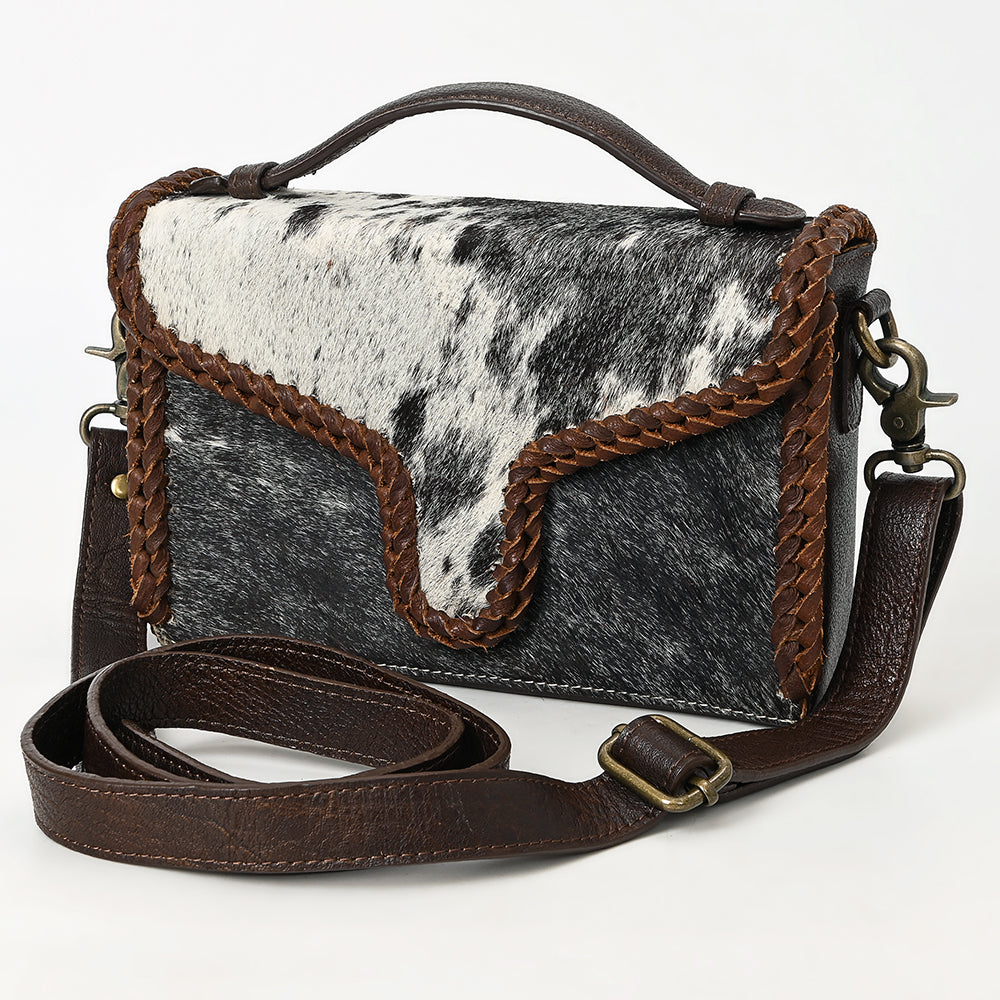 ADBGM465 Hair-On Cowhide Leather Crossbody - Western V-Flap Bag with Braided Trim & Handle