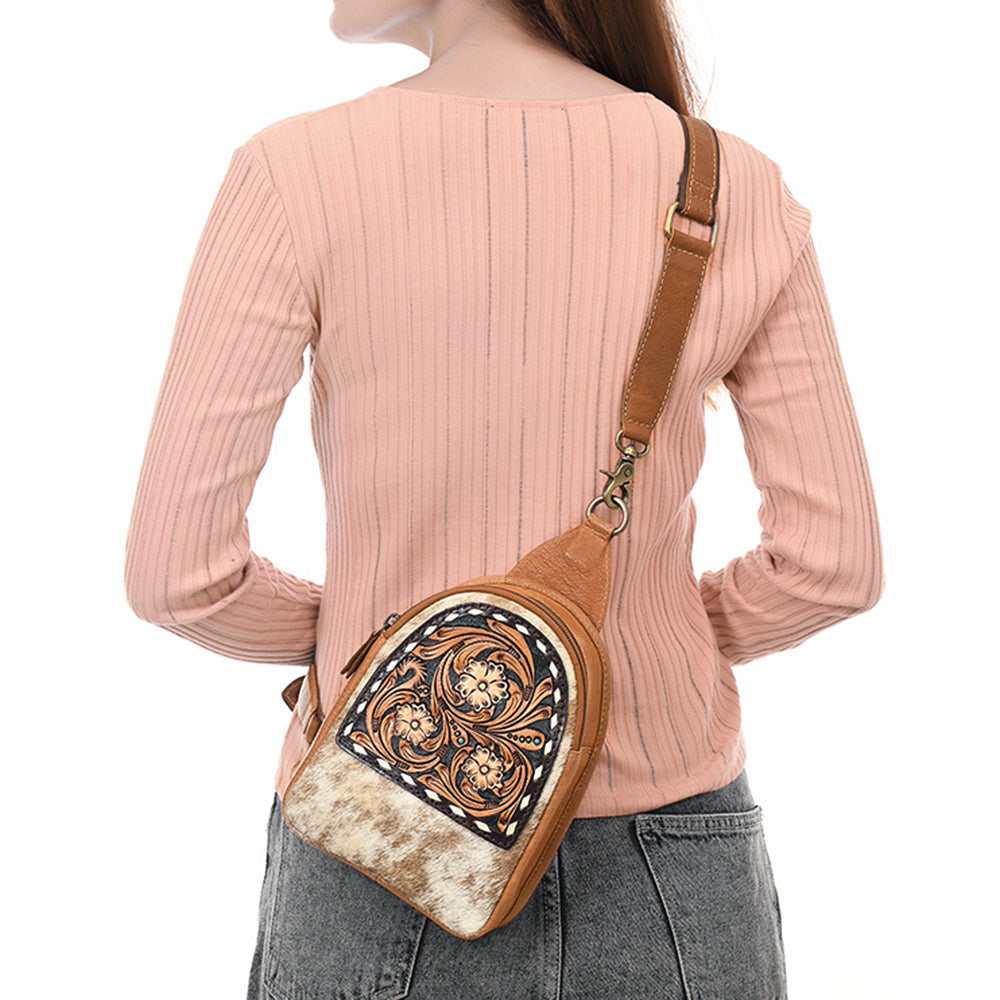 ADBGA612 Tooled Cowhide Leather Sling Bag-Western Floral Mini Crossbody