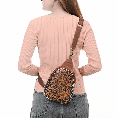 American Darling Buck Stitched Floral Carved Hair-On Leather Sling Bag