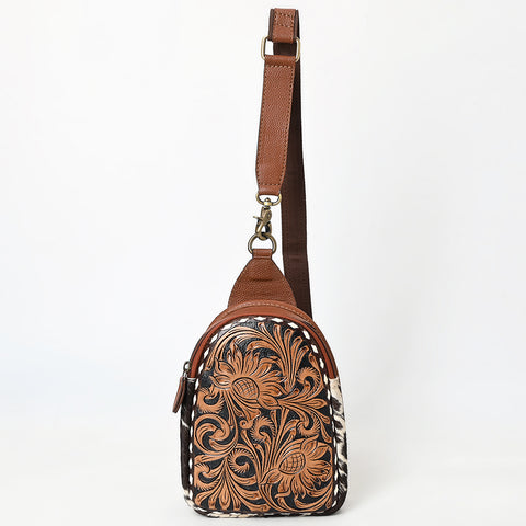 American Darling Buck Stitched Floral Carved Hair-On Leather Sling Bag