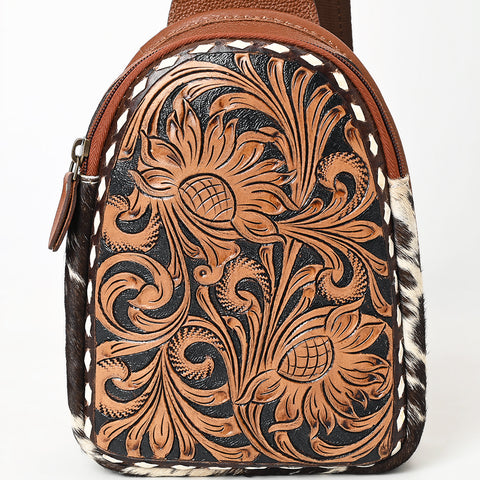 American Darling Buck Stitched Floral Carved Hair-On Leather Sling Bag