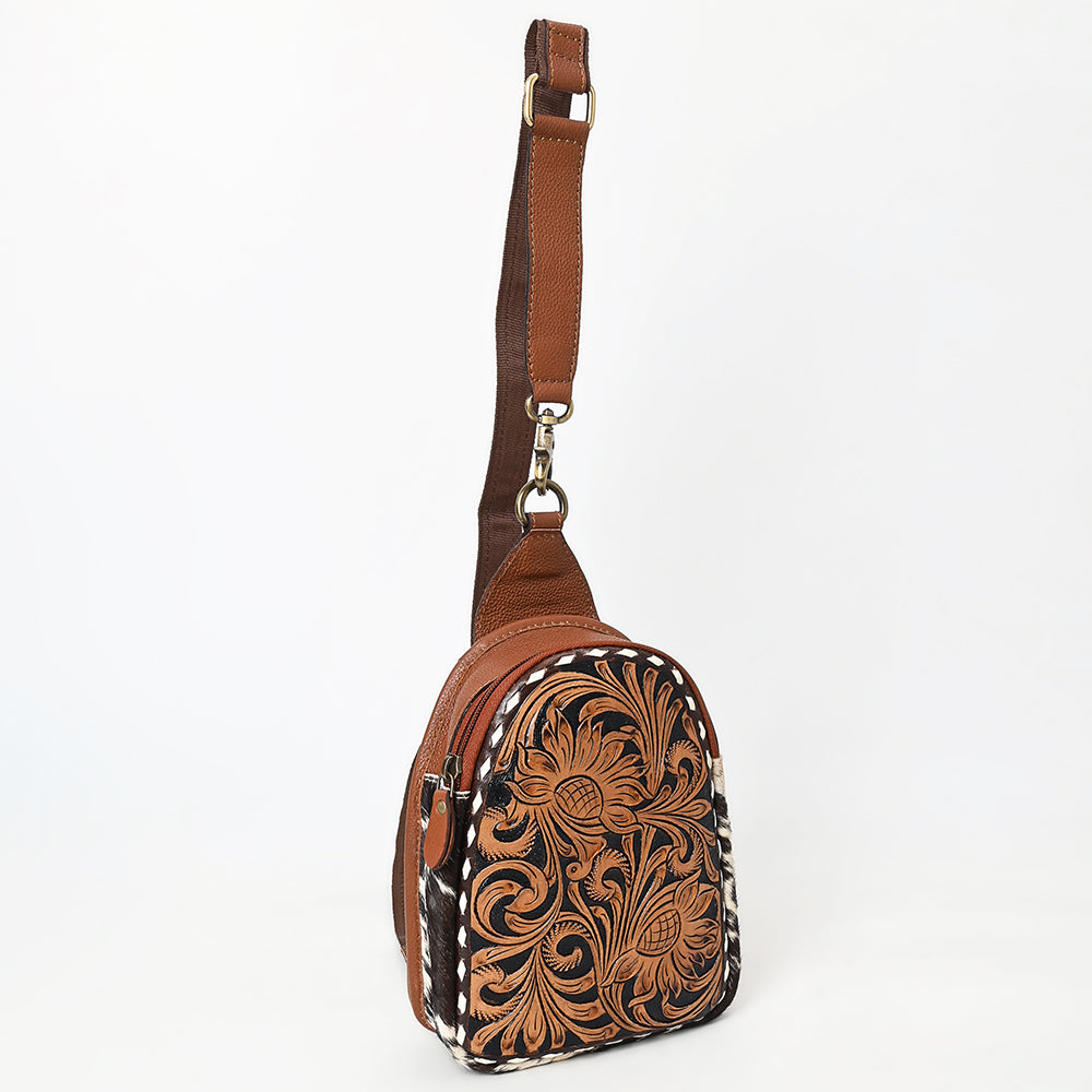 ADBGA613 Tooled Cowhide Leather Sling Bag-Thistle Floral Western Crossbody