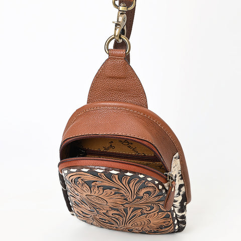 American Darling Buck Stitched Floral Carved Hair-On Leather Sling Bag