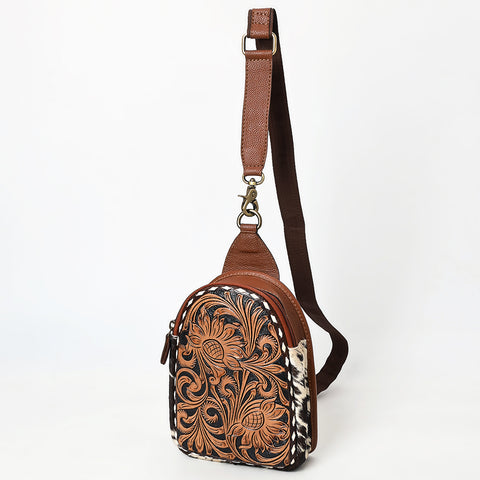 American Darling Buck Stitched Floral Carved Hair-On Leather Sling Bag