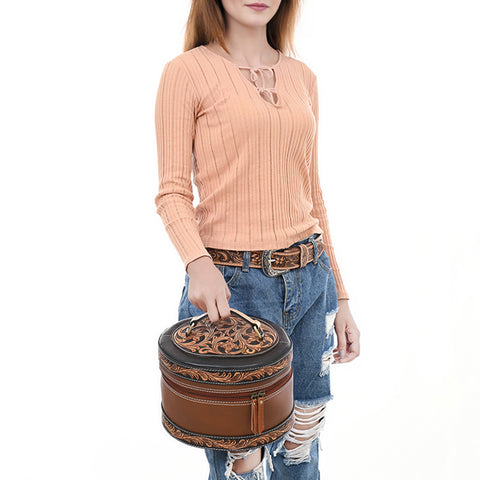 American Darling Hand Tooled Genuine Leather Jewelry Case Floral Carved