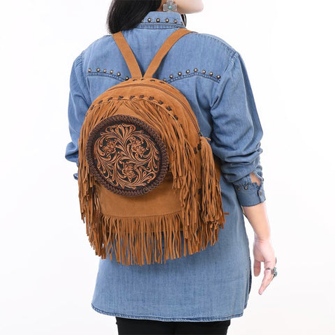 American Darling Hand Tooled Floral Carved Genuine Leather Fringe Backpack