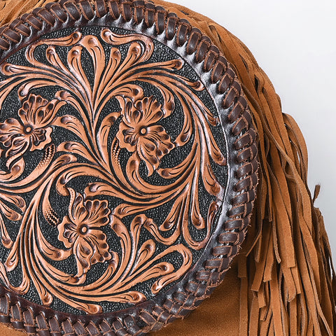 American Darling Hand Tooled Floral Carved Genuine Leather Fringe Backpack