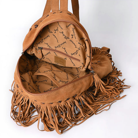 American Darling Hand Tooled Floral Carved Genuine Leather Fringe Backpack