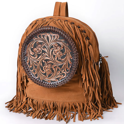 American Darling Hand Tooled Floral Carved Genuine Leather Fringe Backpack