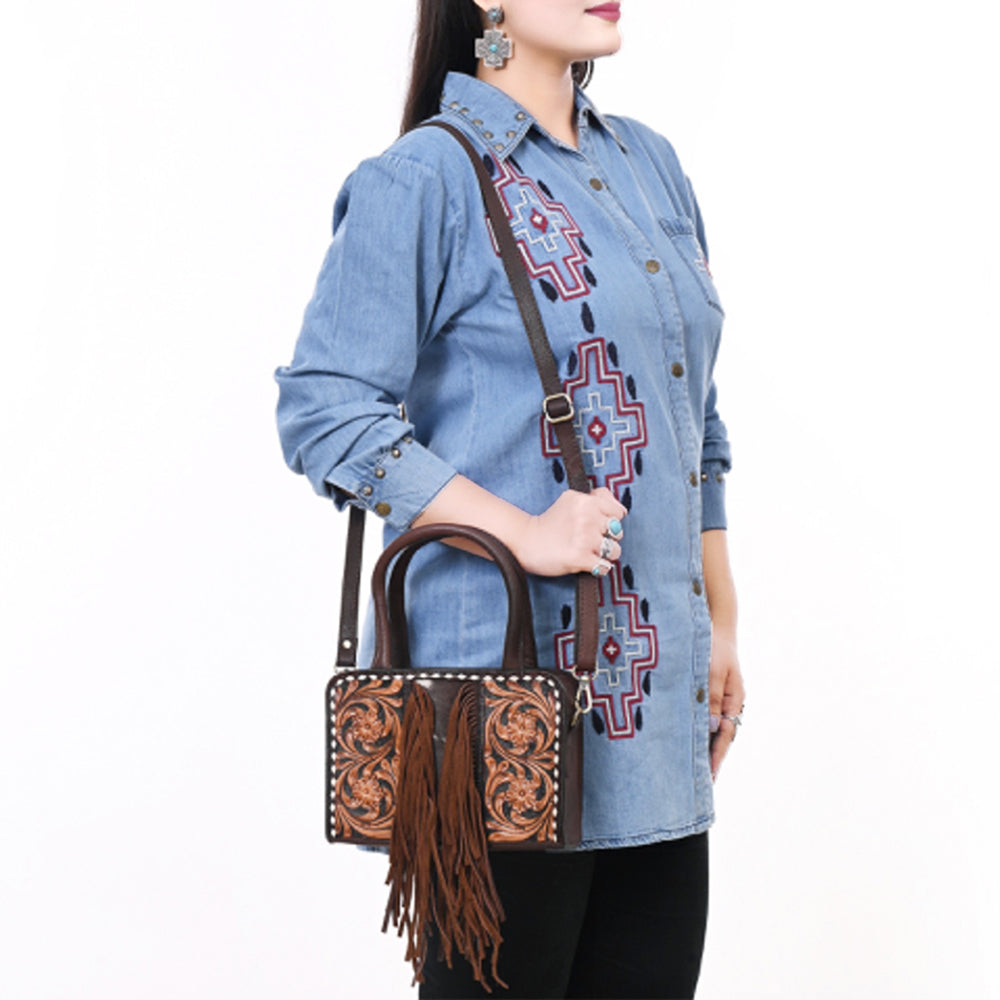 ADBGA621 Square Western Tote with Floral Tooled Leather, Cowhide Inlay & Fringe Detail