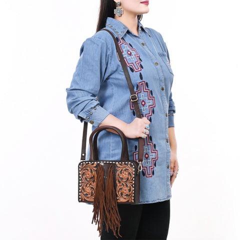 American Darling Hand Tooled Hair-On Cowhide Genuine Leather Tote Bag