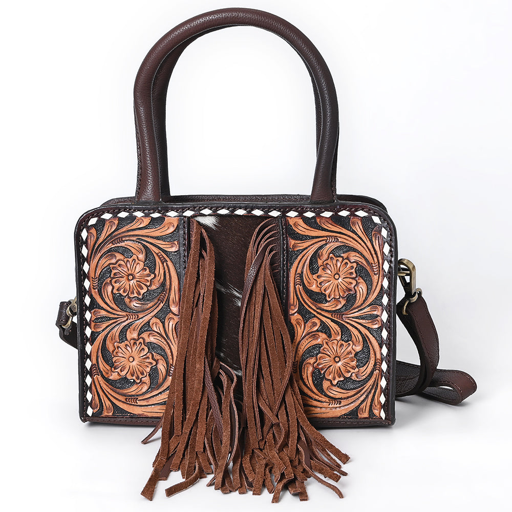 ADBGA621 Square Western Tote with Floral Tooled Leather, Cowhide Inlay & Fringe Detail